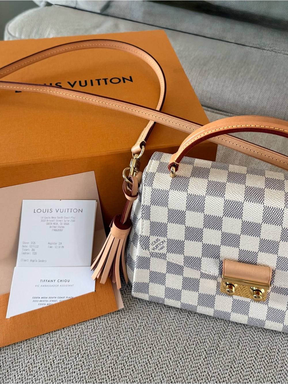 Louis Vuitton Damier Azur Crossbody Bag with Tan Trim and Gold Hardware